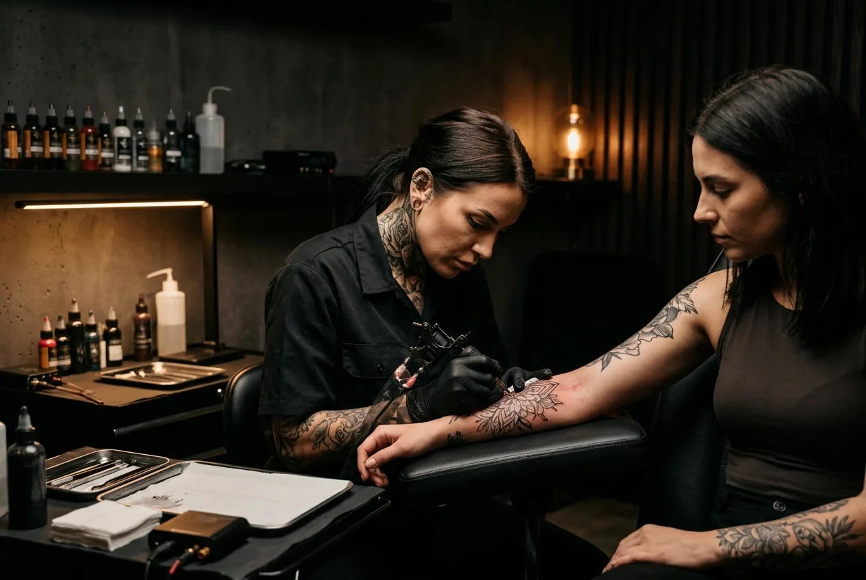 Tatuadora em sessão aplicando traço autoral no braço de uma cliente em estúdio privativo com iluminação profissional