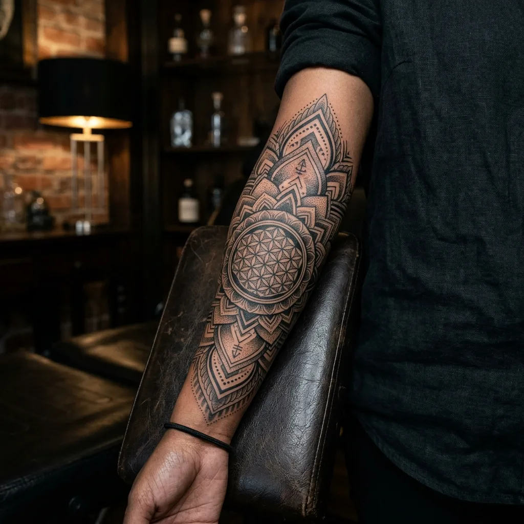 Tatuagem Blackwork geométrica detalhada no antebraço com linhas pretas sólidas e mandala sagrada
