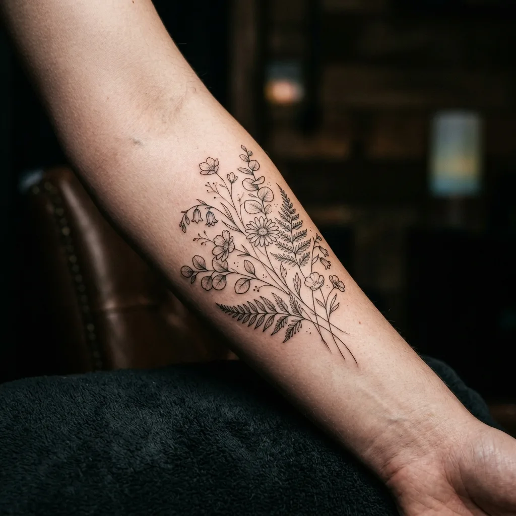 Tatuagem Fine Line botânica de flores silvestres e folhas de samambaia com traço milimétrico e elegante no antebraço